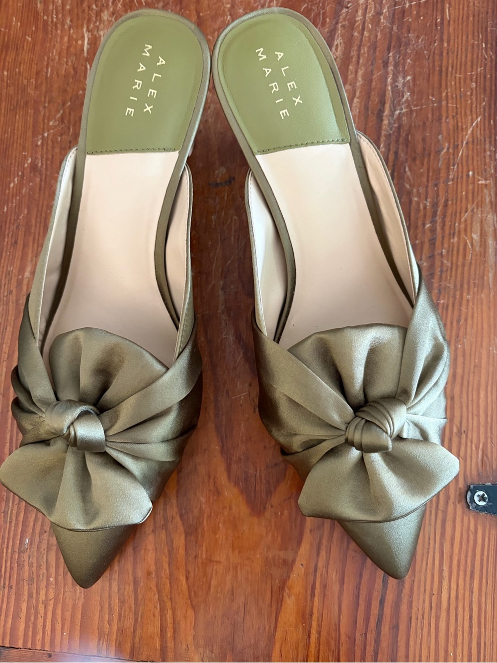 Alex Marie Olive Satin Pointed Knot Mules